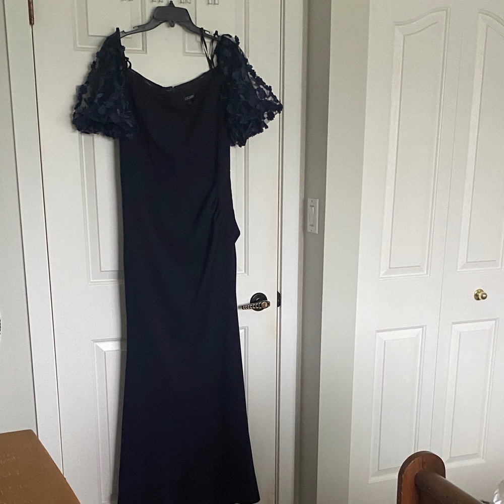 Xscape Navy Dress with Floral Lace Sleeves